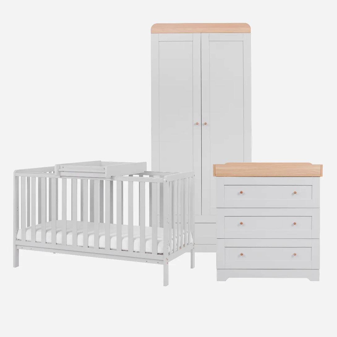 Tutti Bambini Dove Grey Malmo Cot Bed with Rio Furniture 3-Piece Set - Dove Grey / Oak