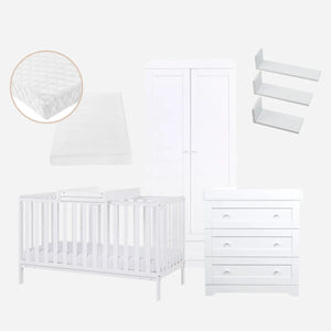 Tutti Bambini Malmo 6pc Bundle - Cot Bed / CTC/ SI70/ CC/ WR/ Shelves - White